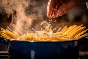 Illustration von Eiswürfeln, die in einen Topf mit kochenden Nudeln fallen, während eine Hand sie hineingibt.