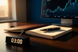 Illustration von einem Finanz-Tagebuch, einem Stift und einer Stoppuhr, die auf drei Minuten eingestellt ist, vor dem Hintergrund eines aufsteigenden Aktiencharts.