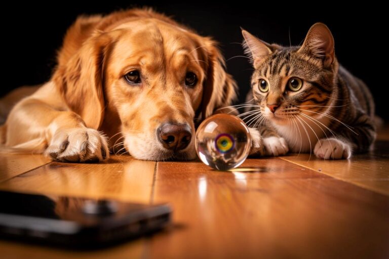 Illustration von einem Hund und einer Katze, die fasziniert einer rollenden Glasmurmel vor einer Smartphone-Kamera folgen.