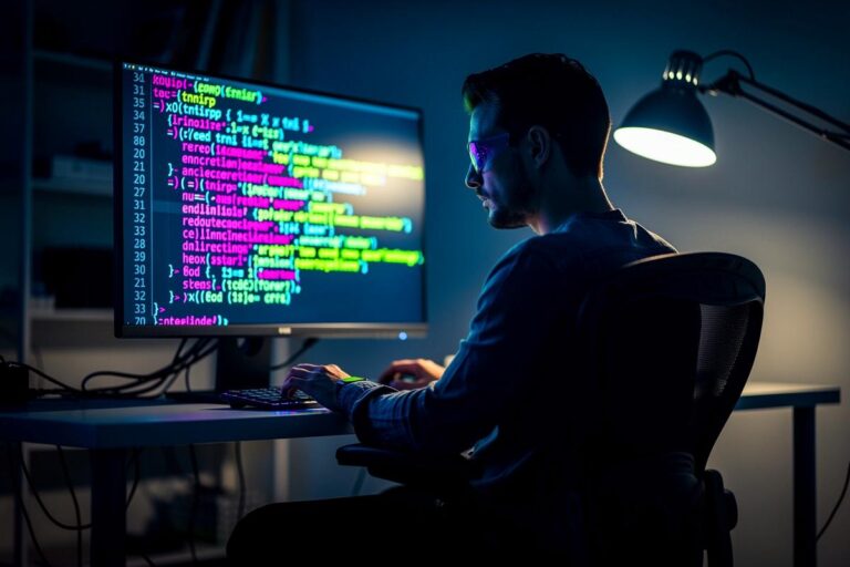 Illustration von einem Entwickler, der rückwärts auf einem Stuhl sitzt und Code von rechts nach links auf einen Bildschirm schreibt, während Pfeile die umgekehrte Denkrichtung symbolisieren.