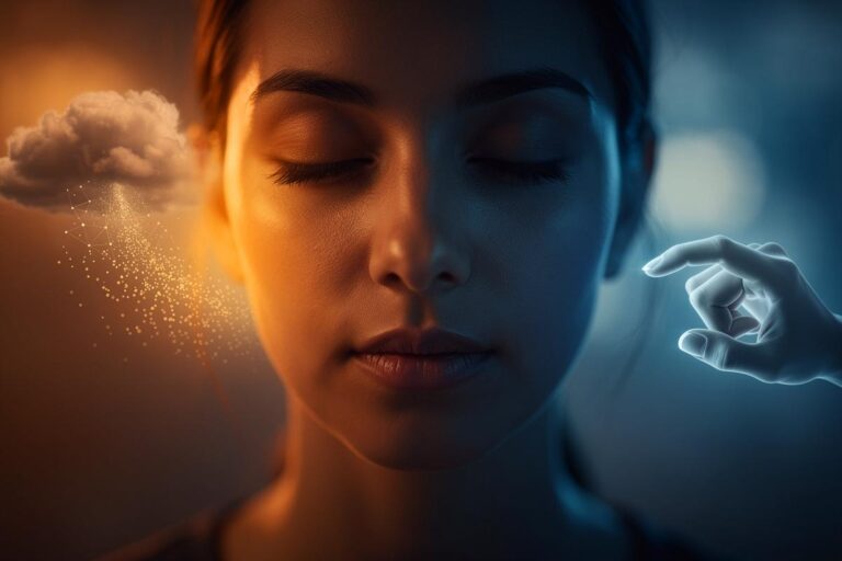 Illustration einer Person, die bewusst die Augen schließt und öffnet, während gedankliche Blasen mit Symbolen für Impulsivität, einem Pausenzeichen und schließlich einem Dialog-Symbol visualisiert werden.