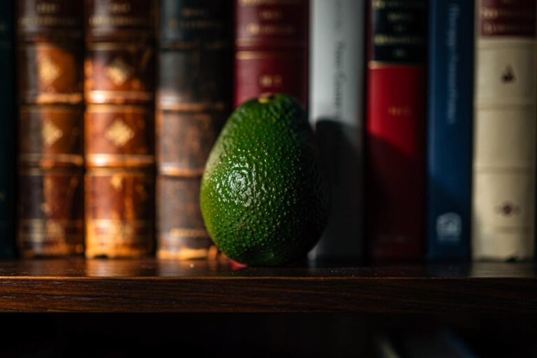 Illustration von grünen Avocados, die zwischen den Buchrücken eines Holzregals lagern.