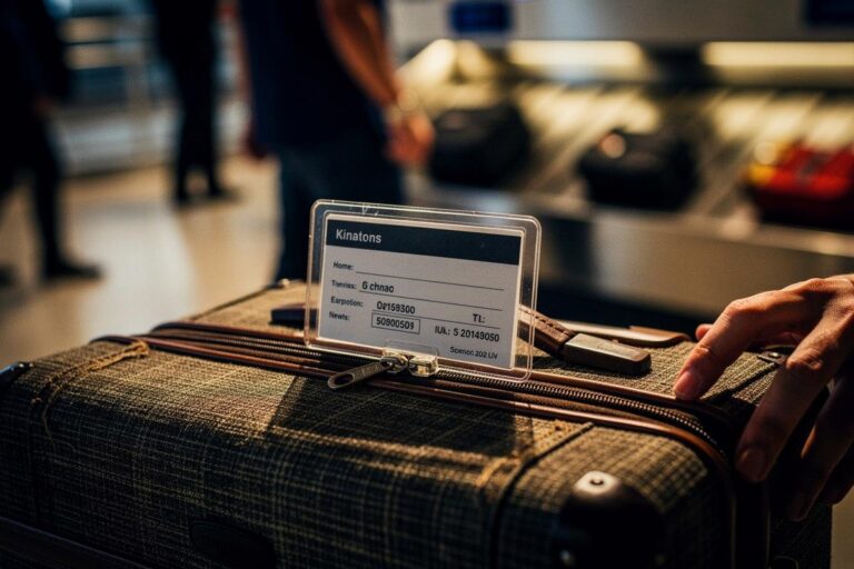 Illustration von einer geöffneten Hand, die das Falz-Etikett eines Koffers mit einem vorbereiteten, laminierten Kontaktzettel zeigt, während im Hintergrund ein Flughafen mit einem Gepäckband angedeutet ist.